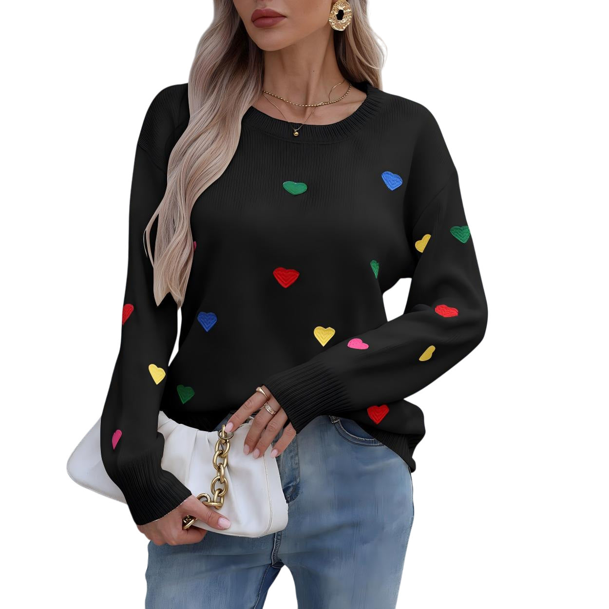Damen Pullover Bunt Herzdesign Weites Design