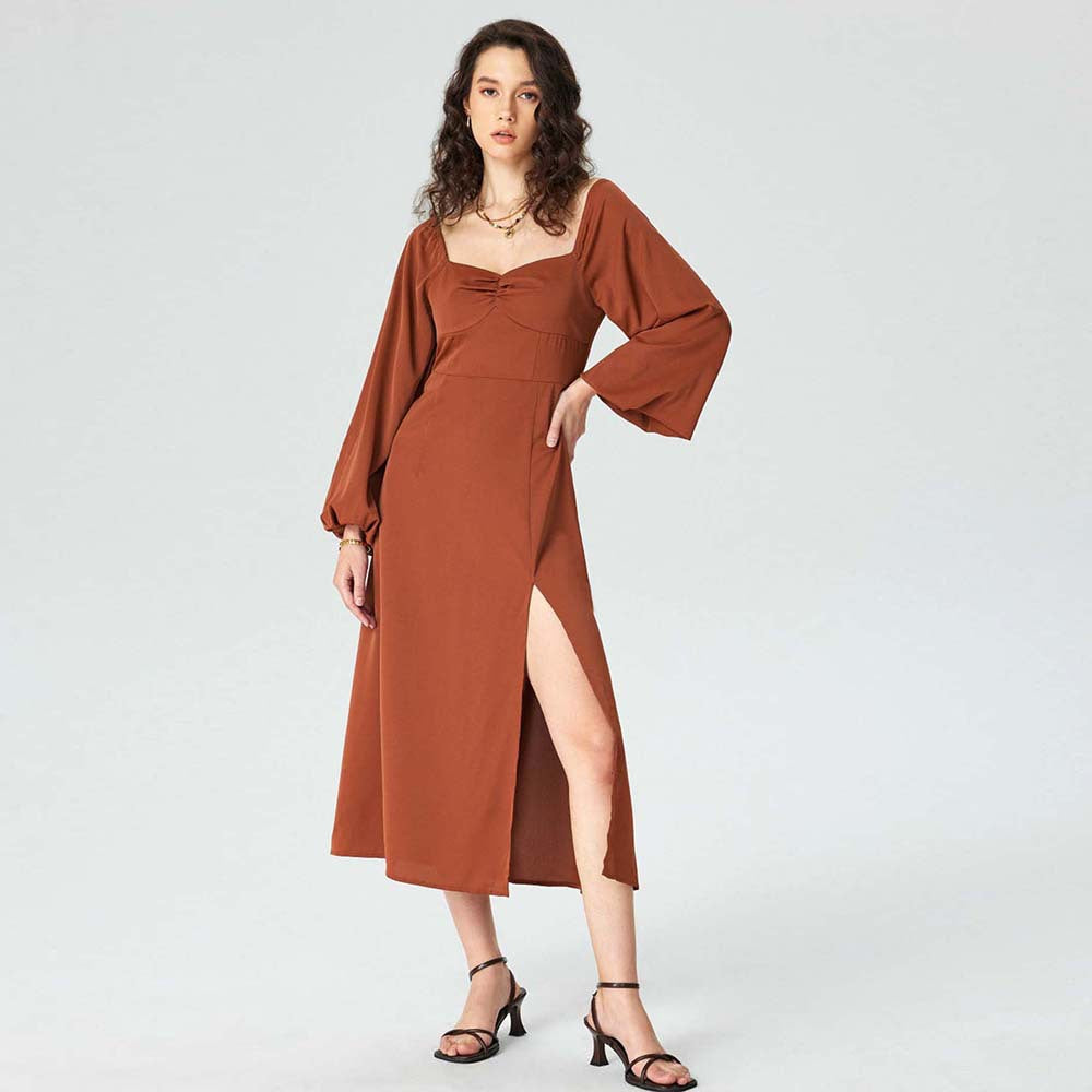 Damen Midi-Kleid Puffärmel Hohem Schlitz Eveloria - Eveloria