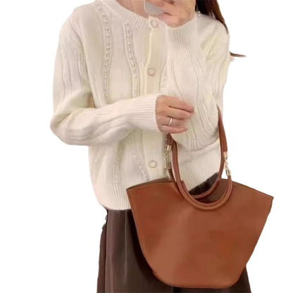 Damen Strickjacke Klassischer Schnitt Perlendetails Beige