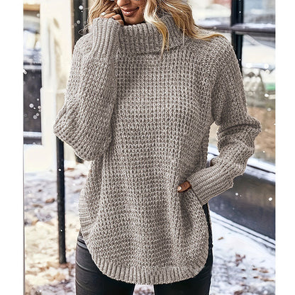 Damen Grobstrickpullover Hochkragen Mit Taschen Beige - Eveloria