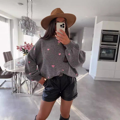 Damen Strickpullover Weitem Schnitt Herzmotiv Kuschelig