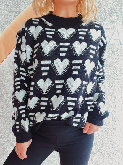 Damen Oversized-Pullover Herz-Muster Kuschel-Fleece Grau