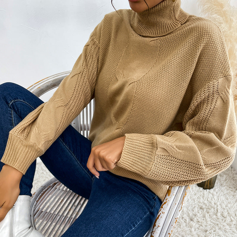 Damen Pullover Grobstrick Hochkragen Beige Eveloria - Eveloria
