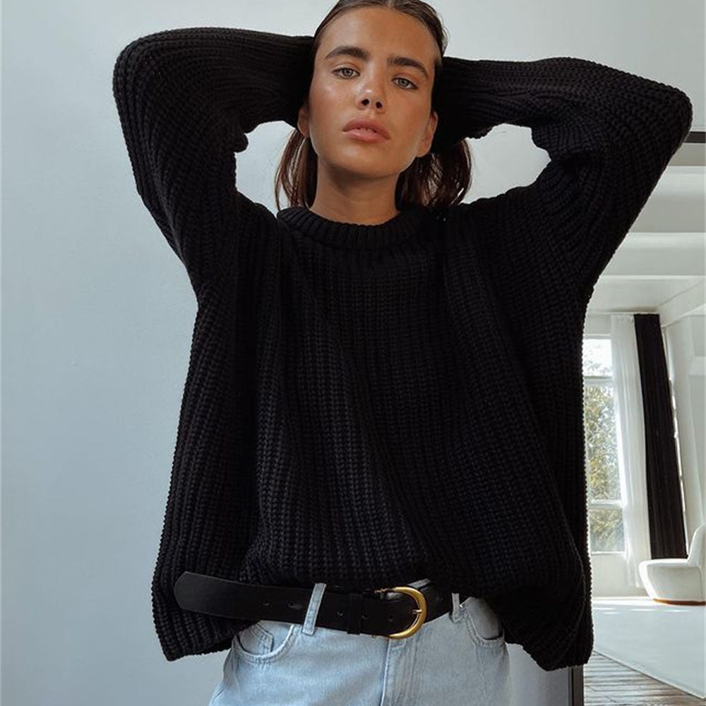 Damen Grobstrickpullover Lässig Weit Halsausschnitt
