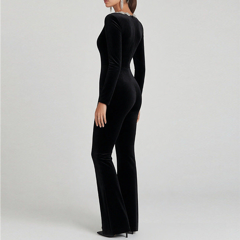 Damen Overall Flared mit Floralem Ausschnitt und Langen Ärmeln