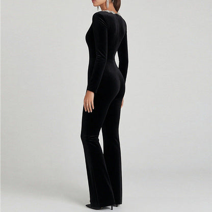 Damen Overall Flared mit Floralem Ausschnitt und Langen Ärmeln