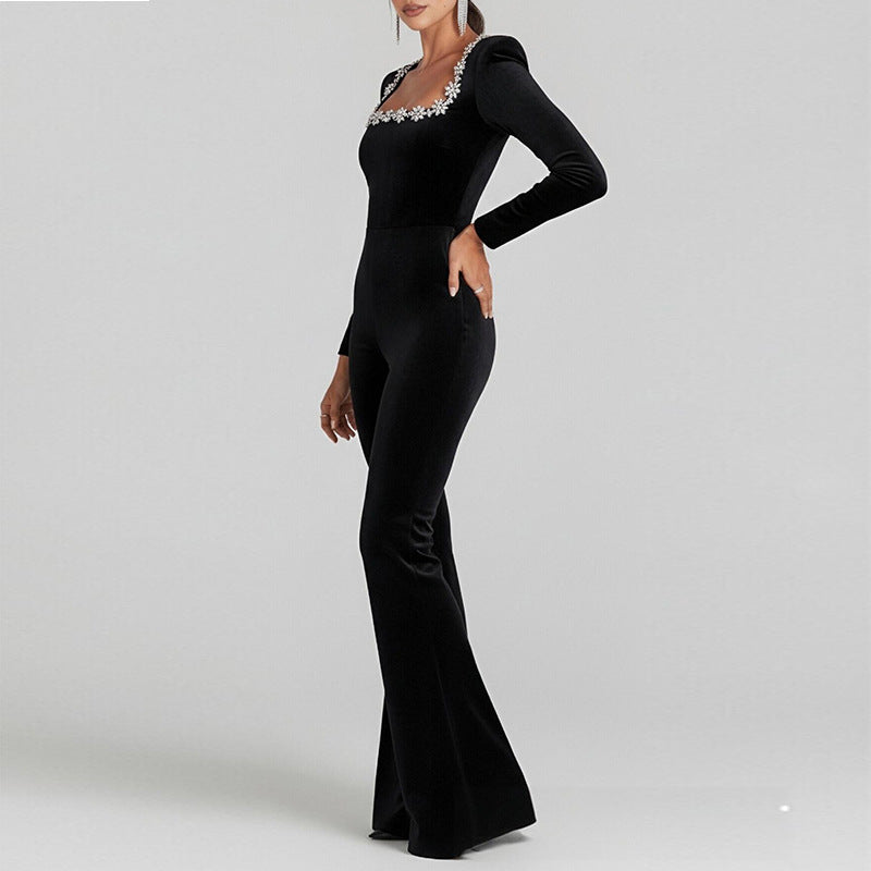 Damen Overall Flared mit Floralem Ausschnitt und Langen Ärmeln