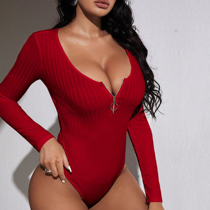 Damen Slim Fit Bodysuit V-Ausschnitt Reißverschluss Eveloria