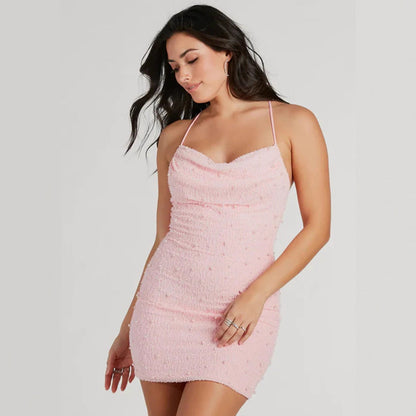 Damen Minikleid Figurbetont mit Perlen Spaghettiträgern