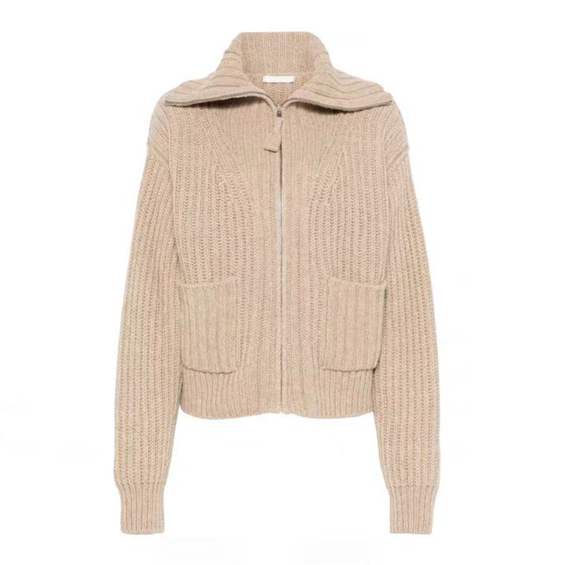 Damen Grobstrickpullover Hochkragen Praktische Taschen Eveloria