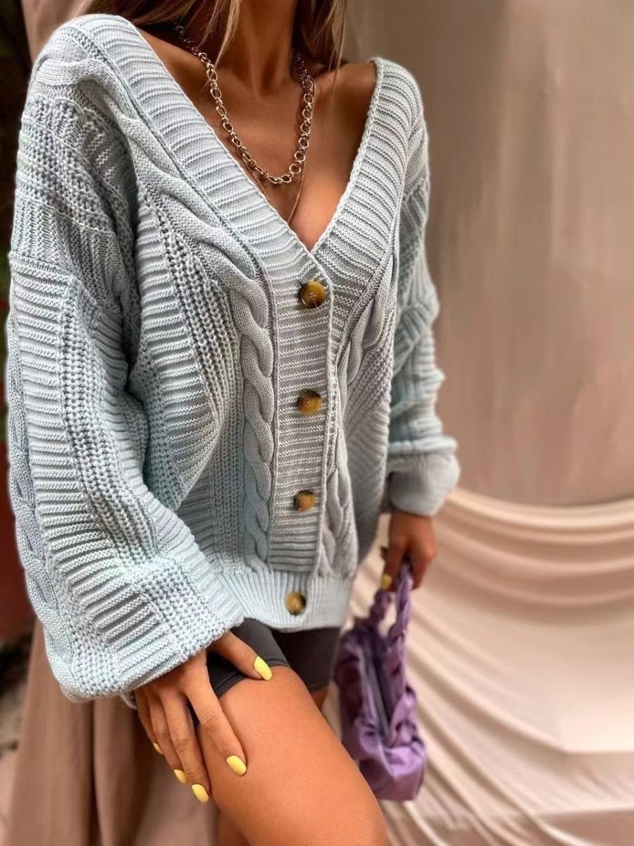 Damen Strickjacke V-Ausschnitt Großknöpfe Eveloria