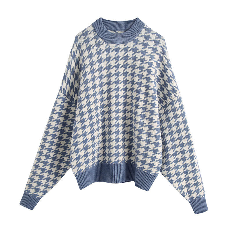 Damen Strickpullover Oversized Hahnentrittmuster Lässig Beige