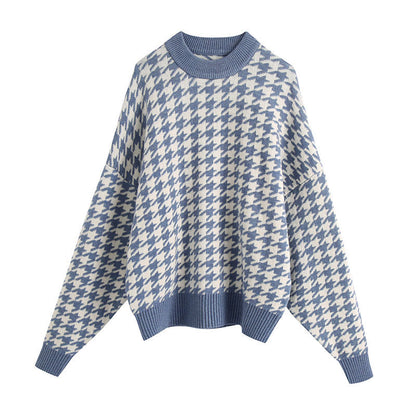 Damen Strickpullover Oversized Hahnentrittmuster Lässig Beige