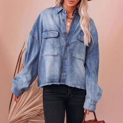Damen Oversized Jeansjacke Lässig Fransen Detail Eveloria