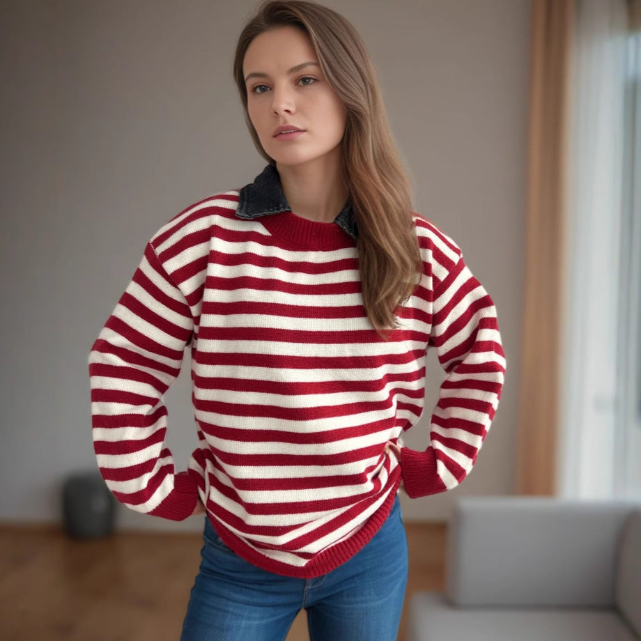 Damen Oversized Pullover Streifenmuster Lässig Beige