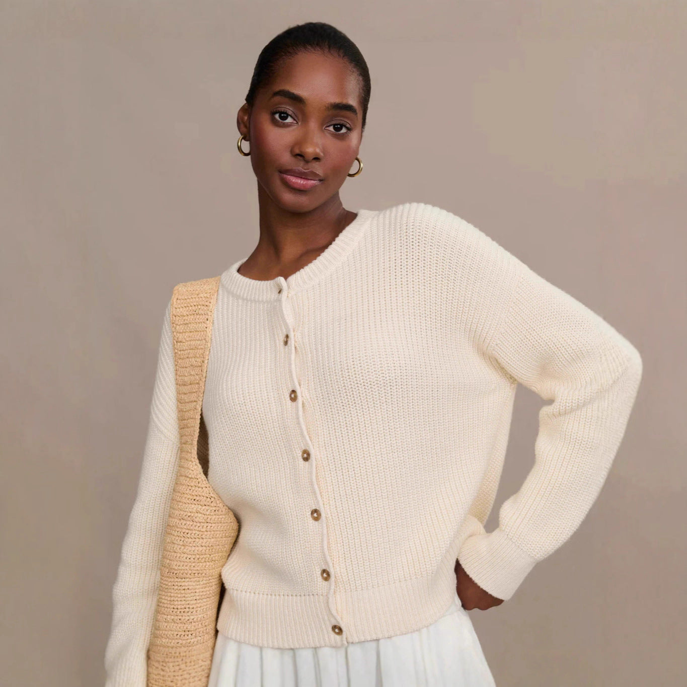 Damen Strickjacke Knopfverschluss Elegante Struktur Beige