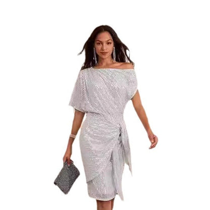 Damen Wickelkleid Asymmetrischer Schnitt Glitzernde Pailletten