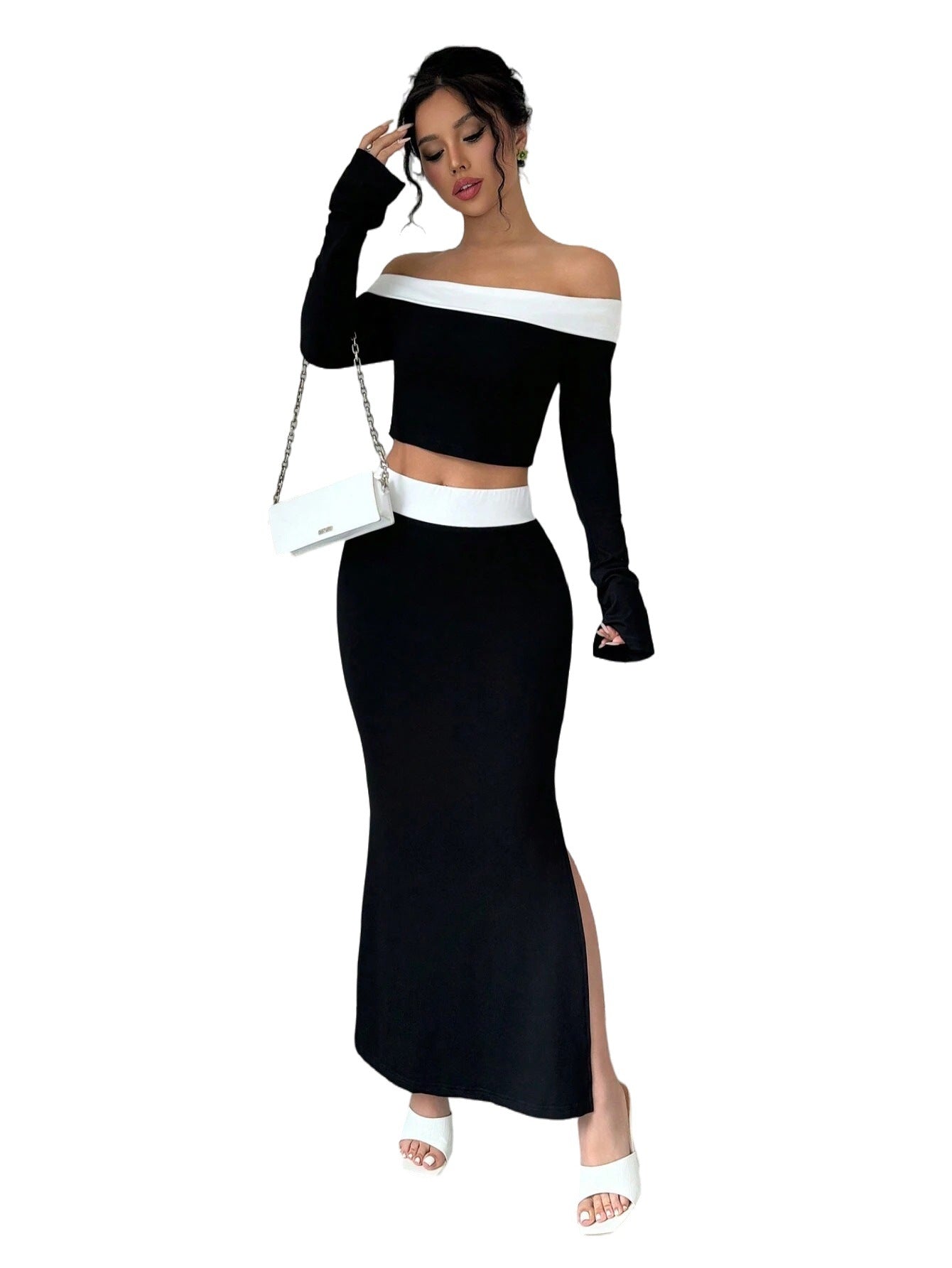 Damen Off-Shoulder Crop- und Maxirock Set