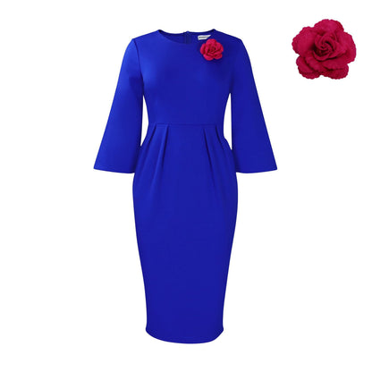 Damen Etuikleid mit Glöckchenärmeln und Blumenmuster