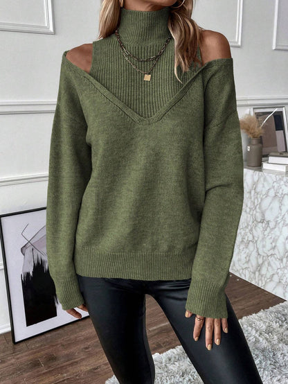 Damen Rollkragenpullover Off-Shoulder Strick