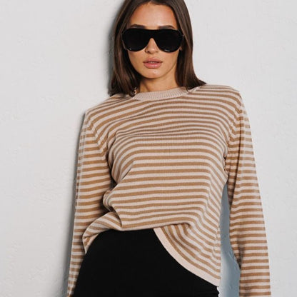 Damen Langarmpullover Weiches Streifenmuster Baumwollmix Schwarzweiß - Eveloria