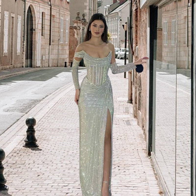 Damen Abendkleid mit Schmuckdetail und drapiertem Rock Eveloria