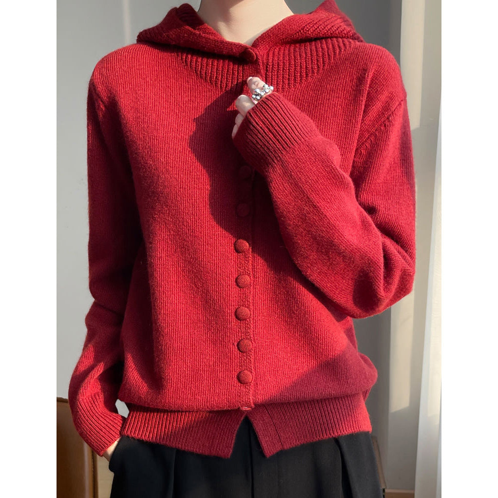 Damen Strickjacke Kapuze Knopfverschluss Eveloria