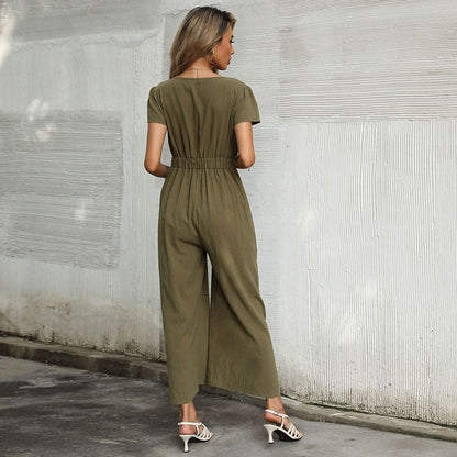 Damen Jumpsuit Hochgeschlossen Dekolleté Knoten-Detail Eveloria