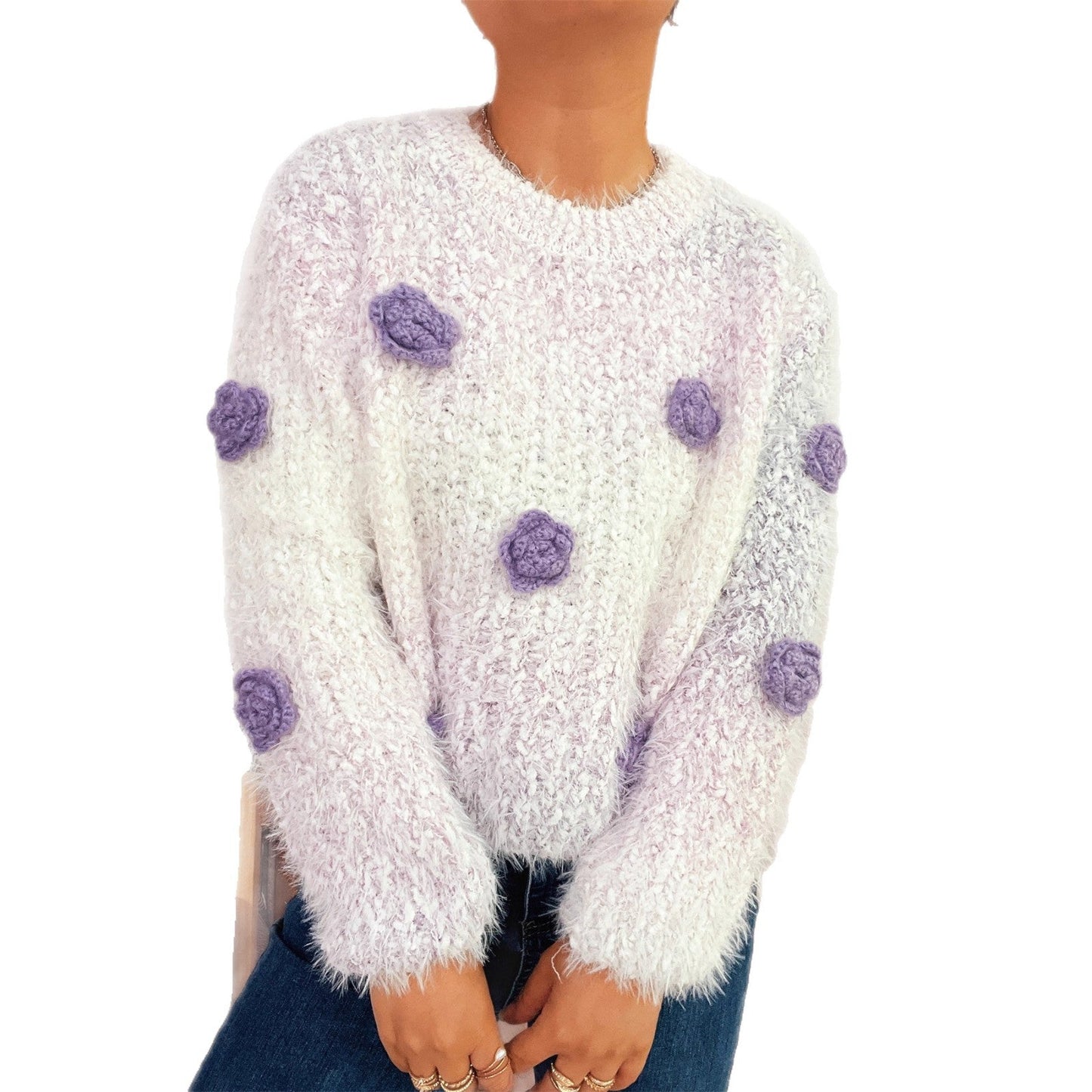 Damen Strickpullover Kuschelig Floralmuster Eveloria