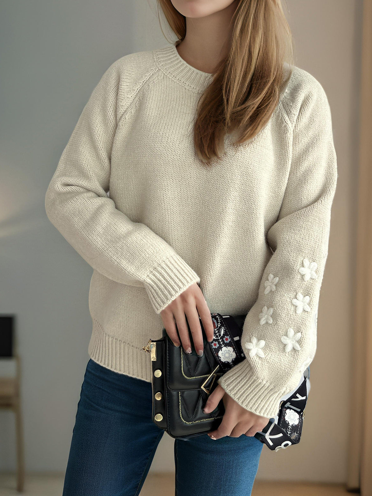 Damen Strickpullover Floral Lässig Eveloria