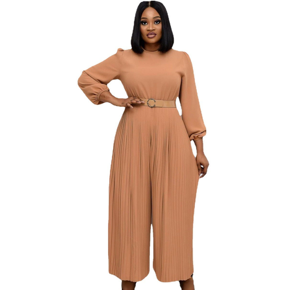 Damen Jumpsuit Plissee mit Gürtel und weiten Ärmeln Eveloria