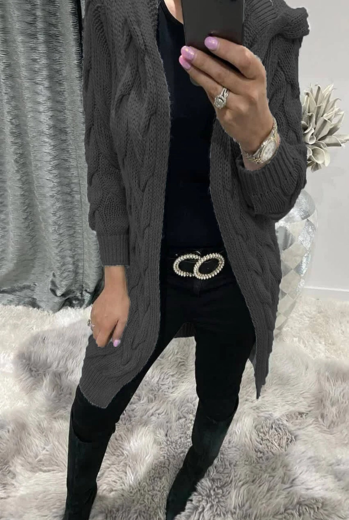Damen Cardigan Grobstrick Zopfdesign Beige mit Taschen