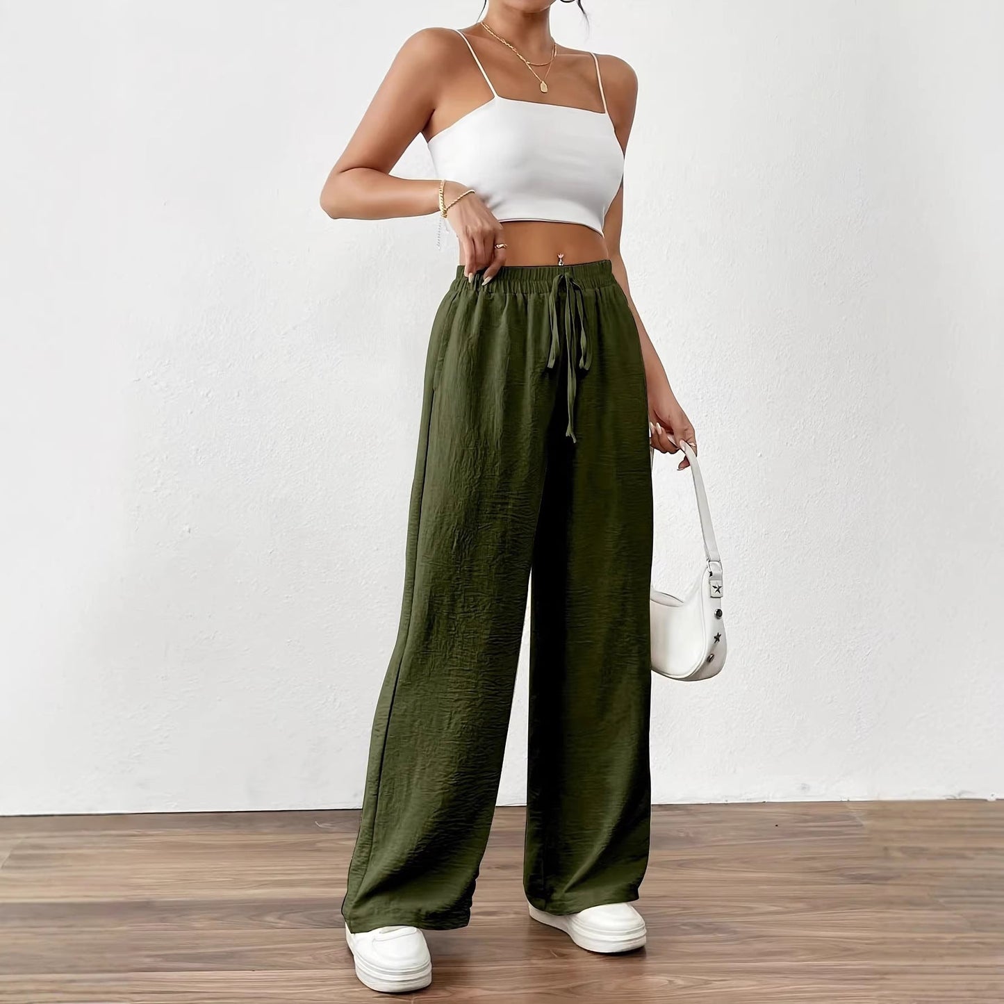 Damen Chiffon-Hose Weite Elastischer Bund Beige