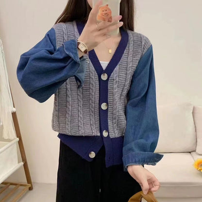 Damen Strickcardigan mit Denim-Ärmeln Blau Eveloria