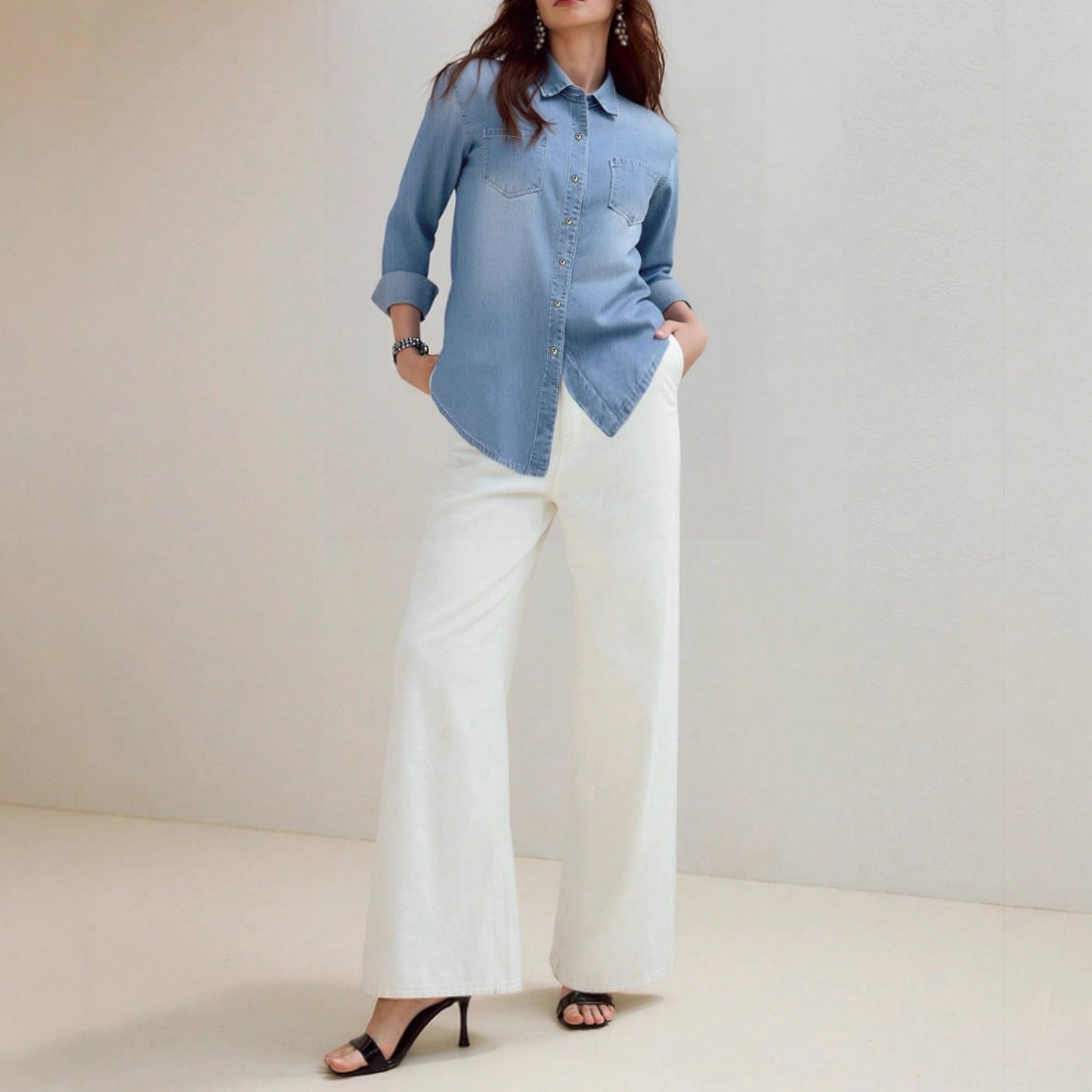 Damen Denim Hemd mit Brusttaschen und Knopfleiste Blau Eveloria
