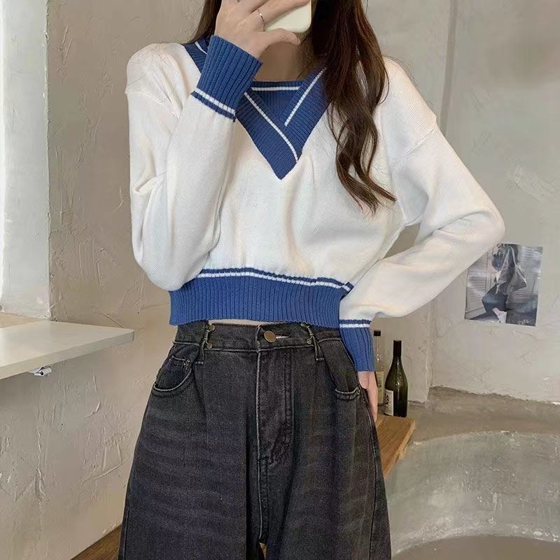 Damen Pullover V-Ausschnitt mit Kontrastdetails