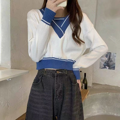 Damen Pullover V-Ausschnitt mit Kontrastdetails