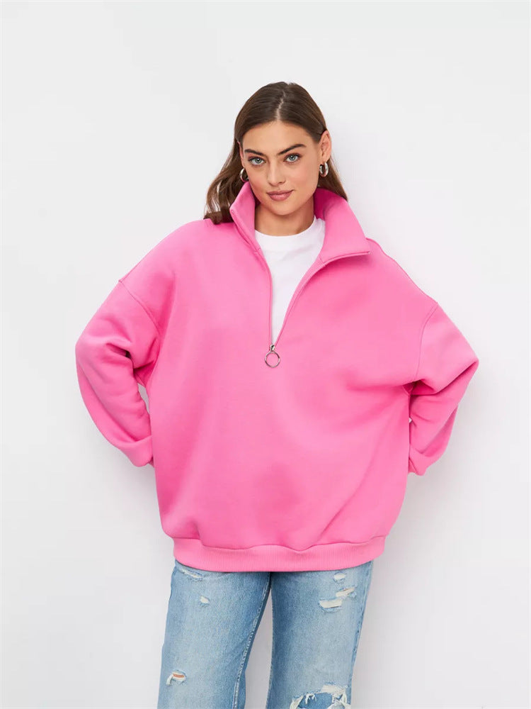 Damen Oversized Kapuzenpullover Hochkragen Reißverschluss