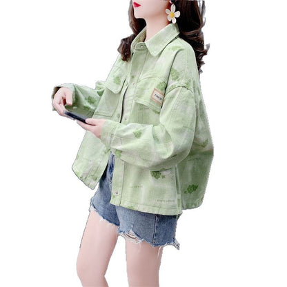Damen Denimjacke Floralmuster Blau Eveloria