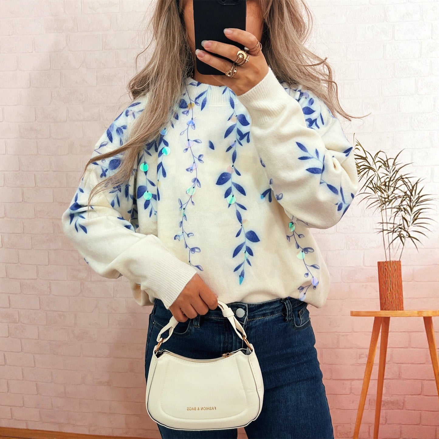 Damen Oversized-Pullover Floralmuster Kuschelstoff Beige