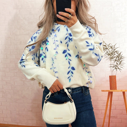 Damen Oversized-Pullover Floralmuster Kuschelstoff Beige