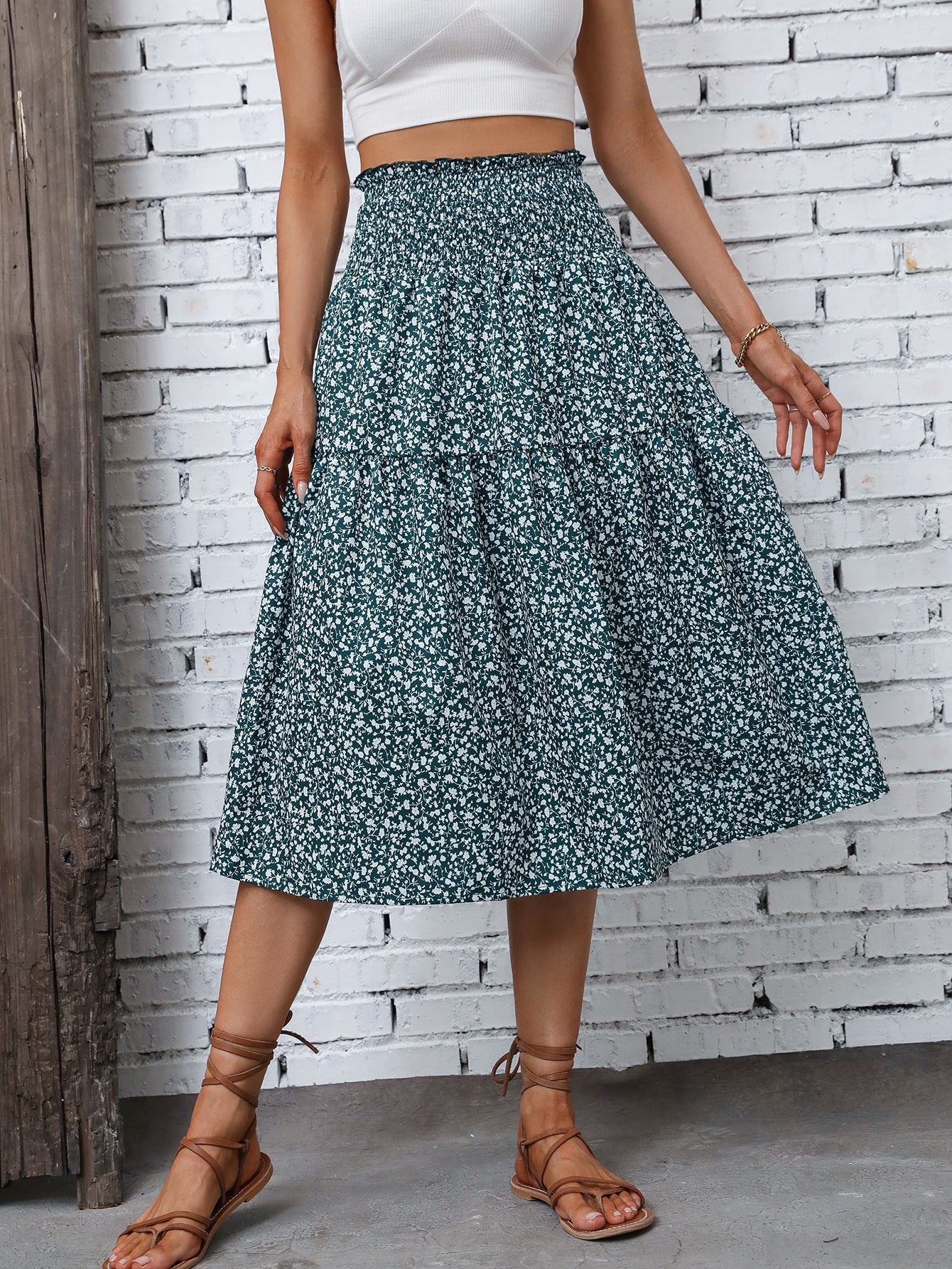 Damen Midirock Elastischer Taillenbund Florales Design
