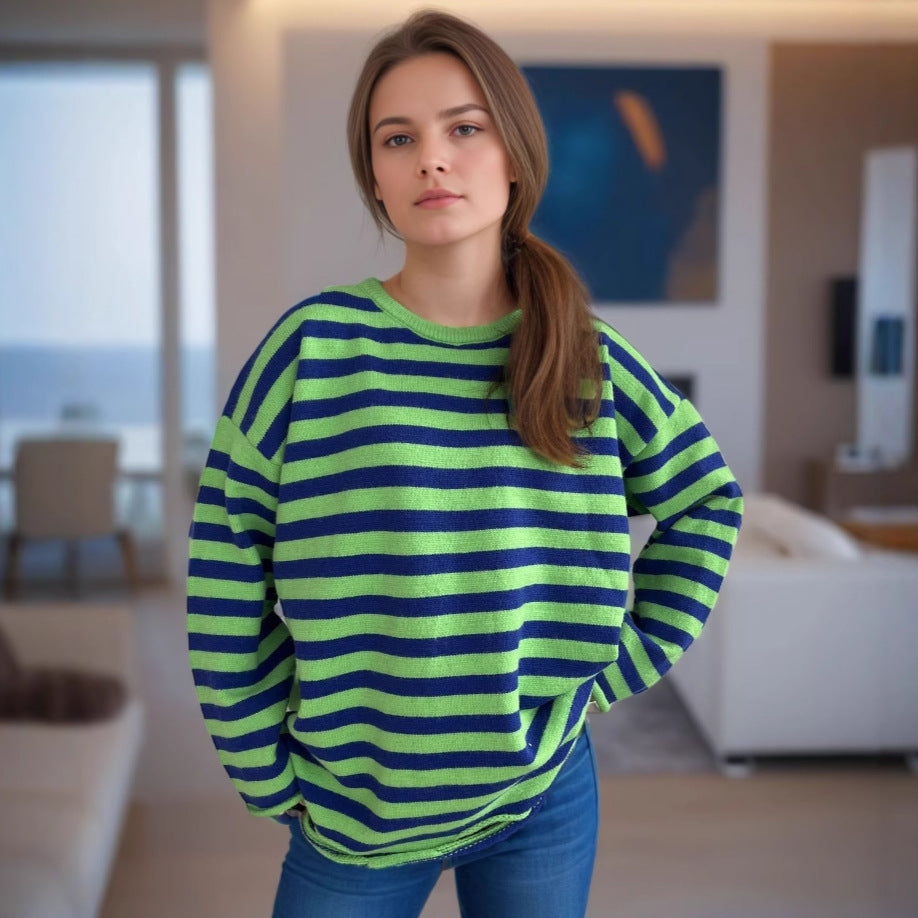 Damen Oversized-Pullover Gestrickt Lässiges Streifenmuster