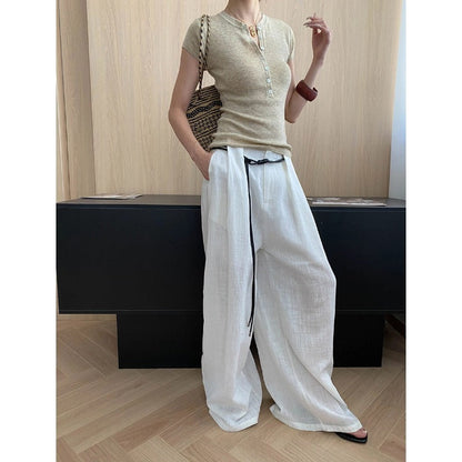 Damen Leinenhose Bequem Weit Schnitt Beige