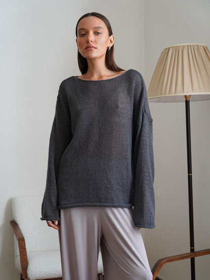 Damen Pullover Weite Ärmel Feines Lochstrickdesign Beige
