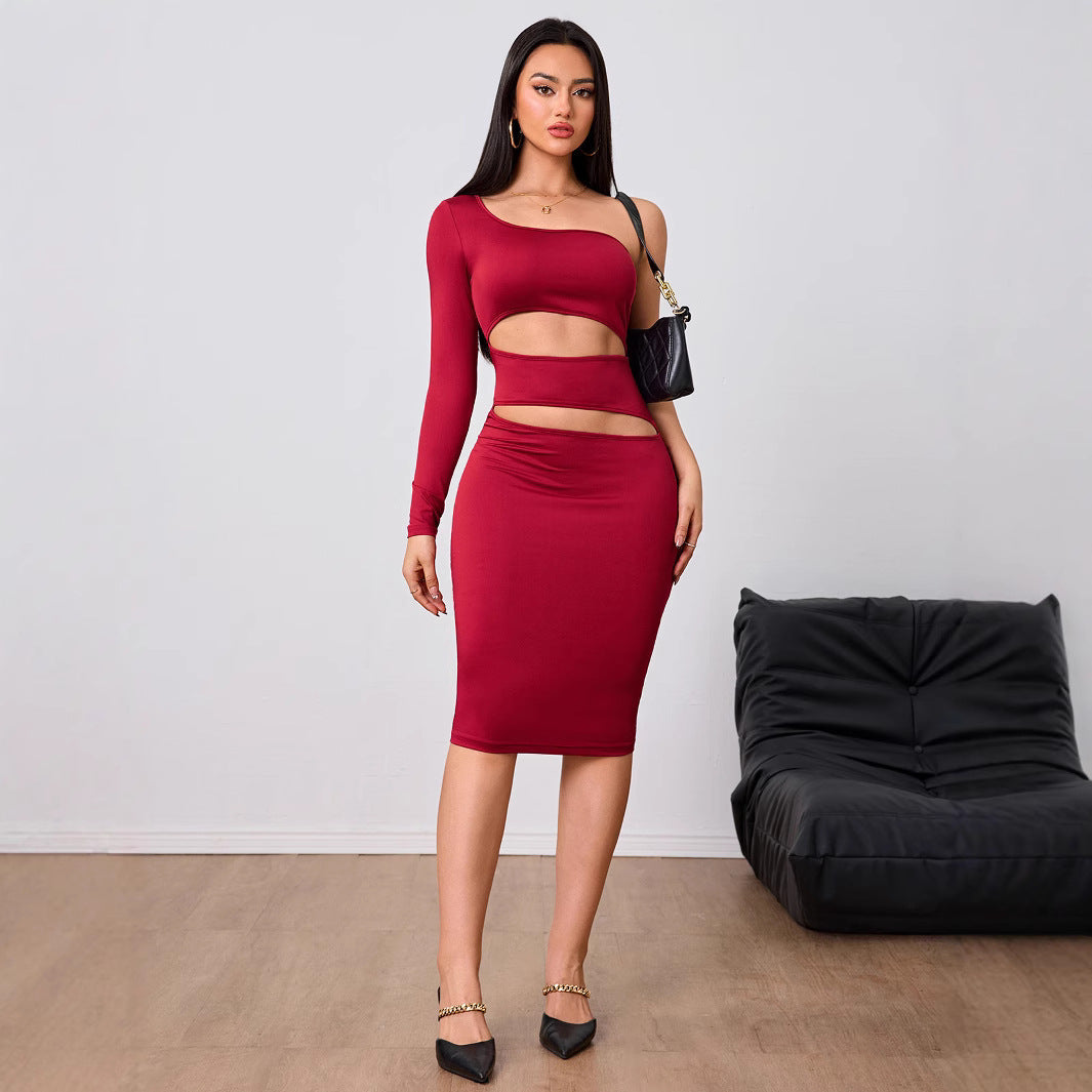 Damen Midi-Kleid mit Cut-Out-Details Asymmetrisch Langärmlig Schwarz - Eveloria