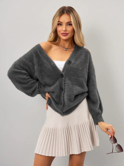 Damen Strickjacke Flauschig V-Ausschnitt Knöpfe