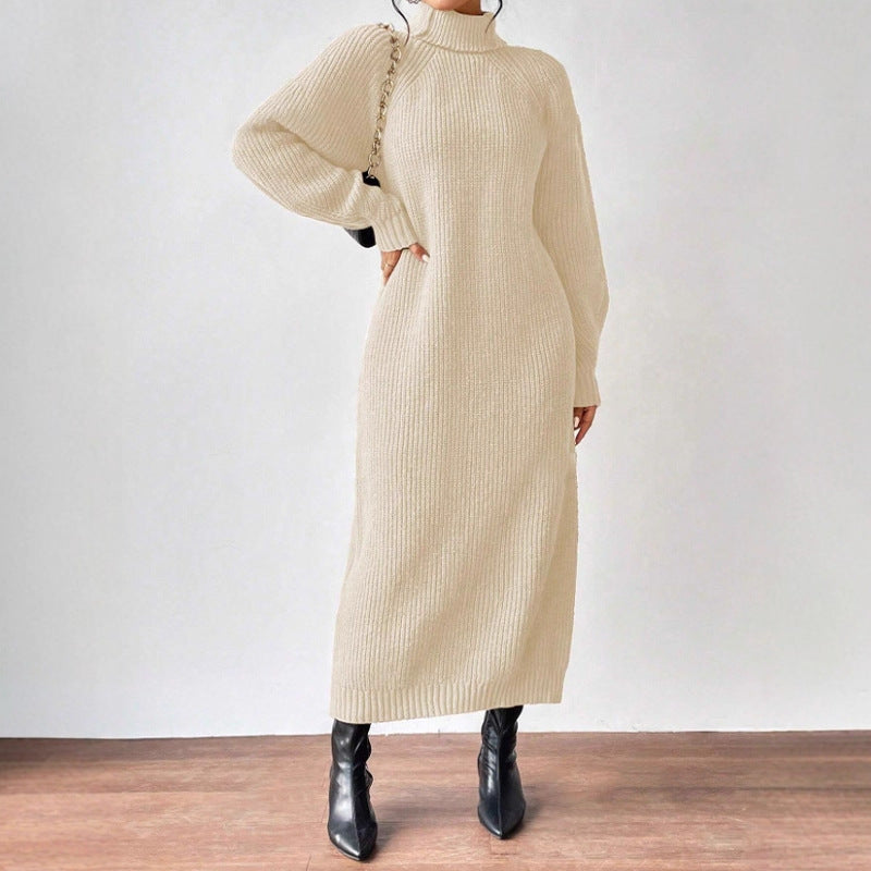 Damen Strickkleid Hochgeschlossener Kragen Weite Passform Beige - Eveloria