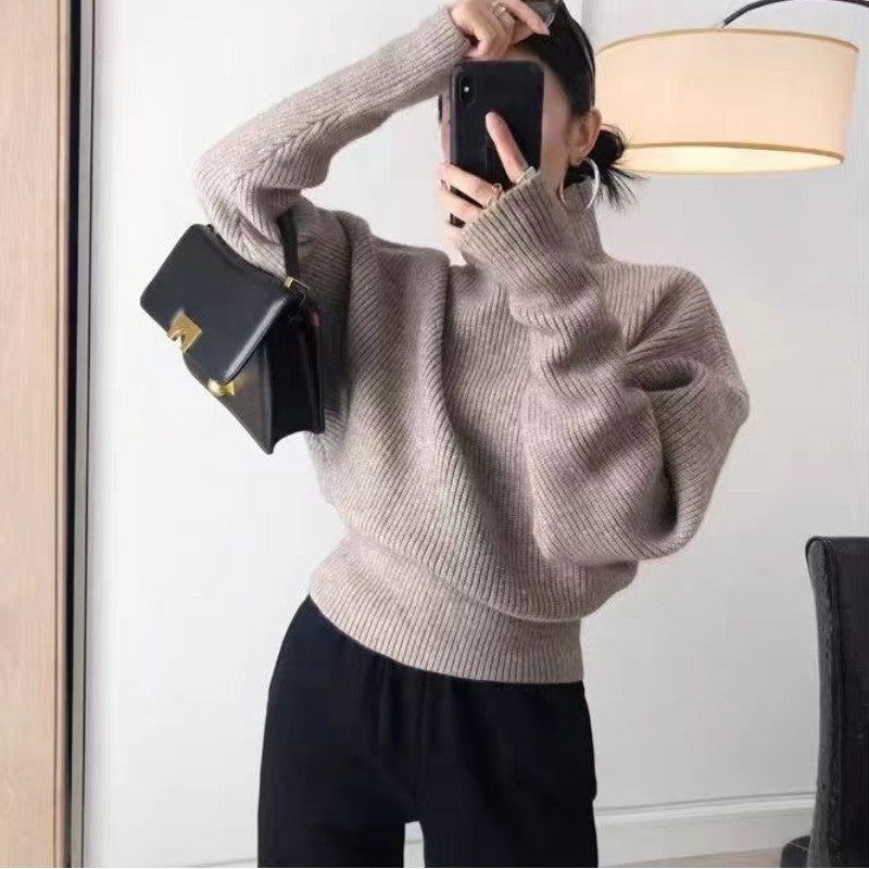 Damen Rollkragenpullover Strukturiertes Muster Weite Ärmel