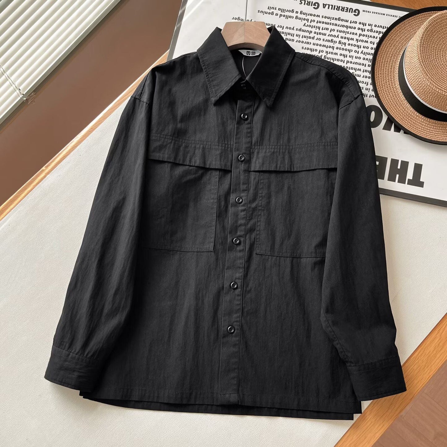 Damen Overshirt Lässig Baumwolle Brusttaschen Beige